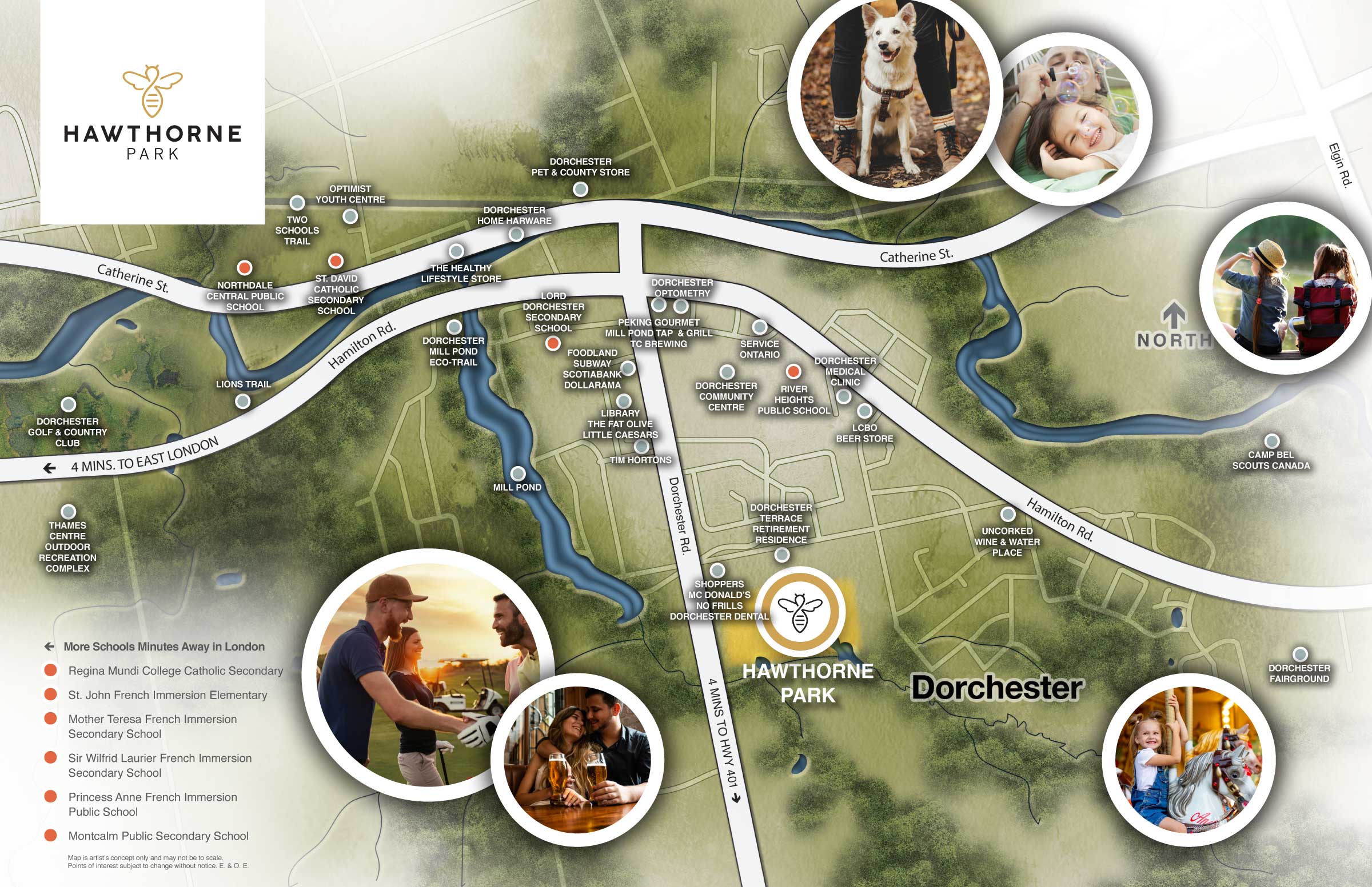Illustrated map of Dorchester and Hawthorne Park location